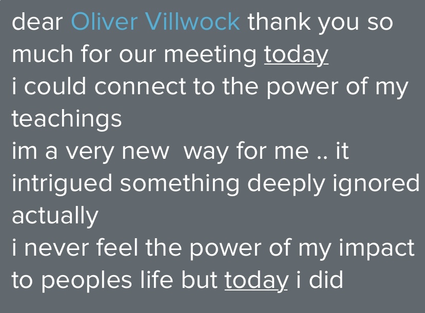 Client message about connecting with the power of their teaching