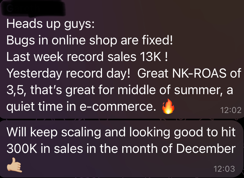 Client message about record sales and plans to reach 300K