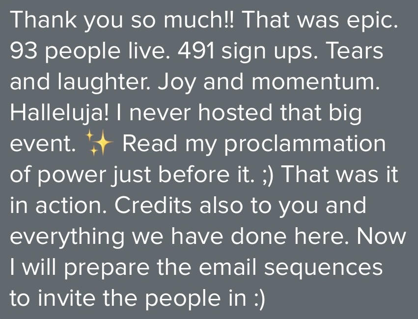 Client message celebrating webinar attendance and sign-ups