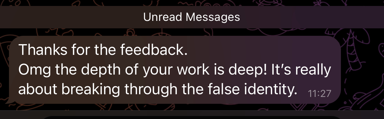 Client message about breaking through a false identity