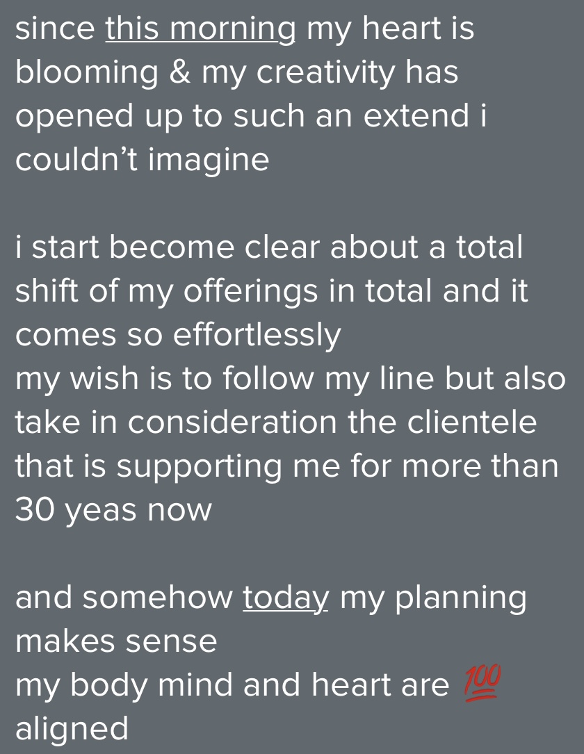 Client message about renewed creativity and clarity