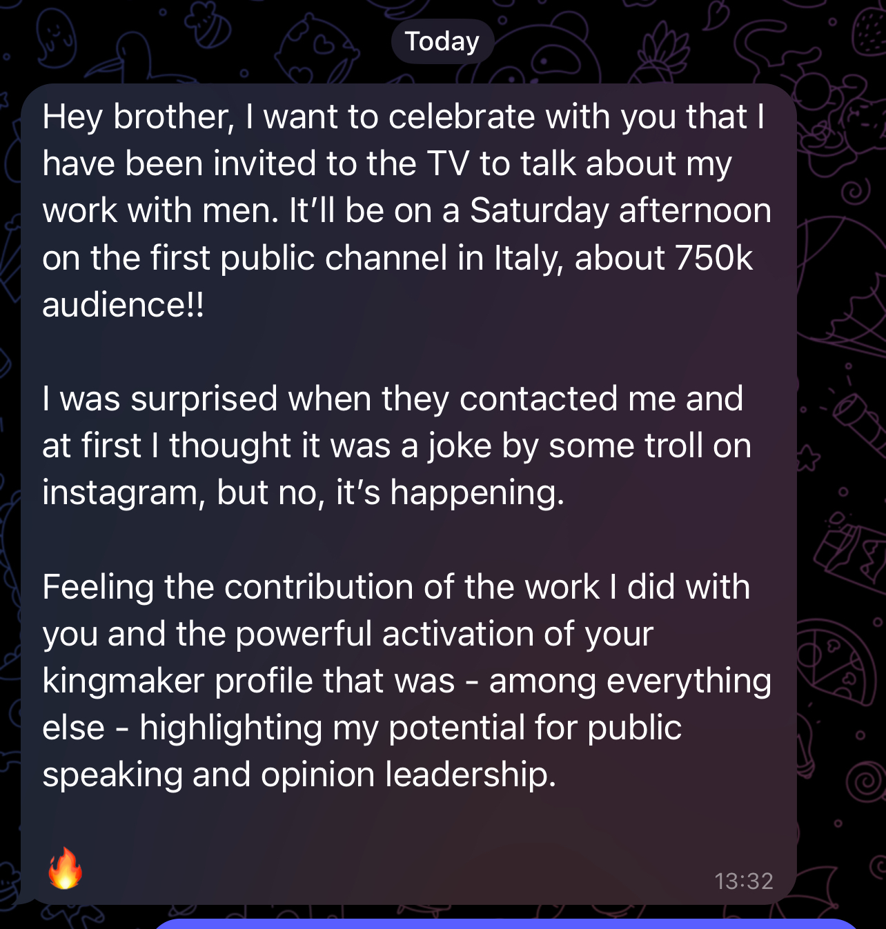 Client message about a television invitation in Italy