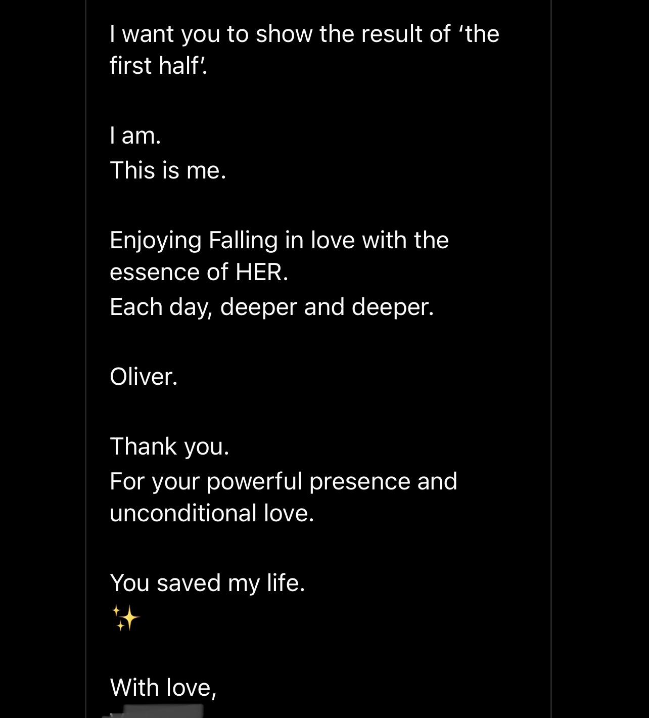 Client message thanking Oliver for his presence and support