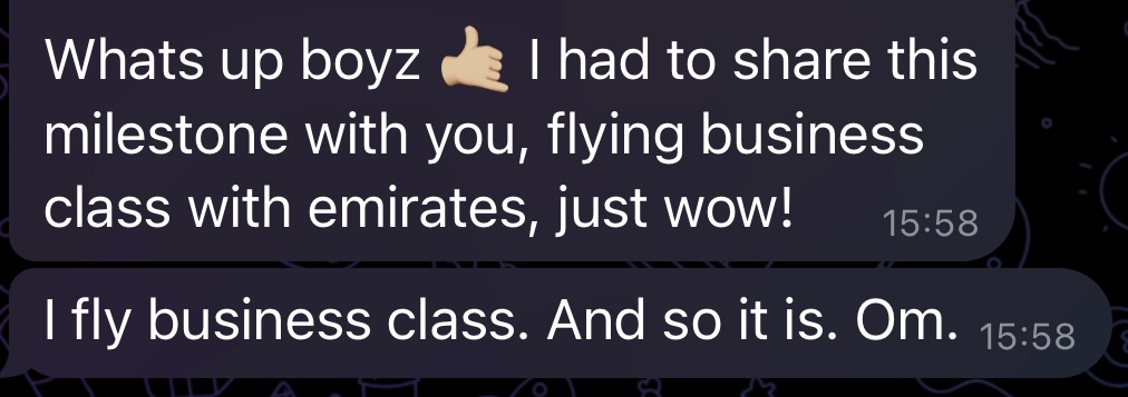 Client message about flying business class