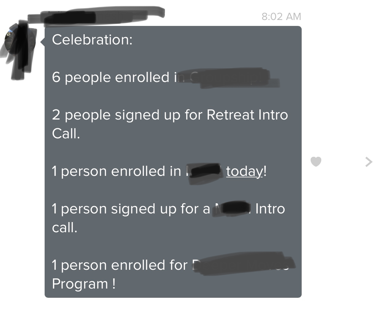 Client message celebrating sign-ups and enrollments